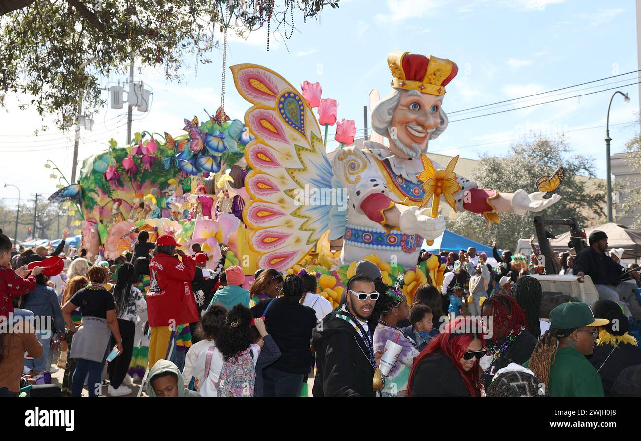 New Orleans, USA. 13th Feb, 2024. The Butterfly King Float rolls