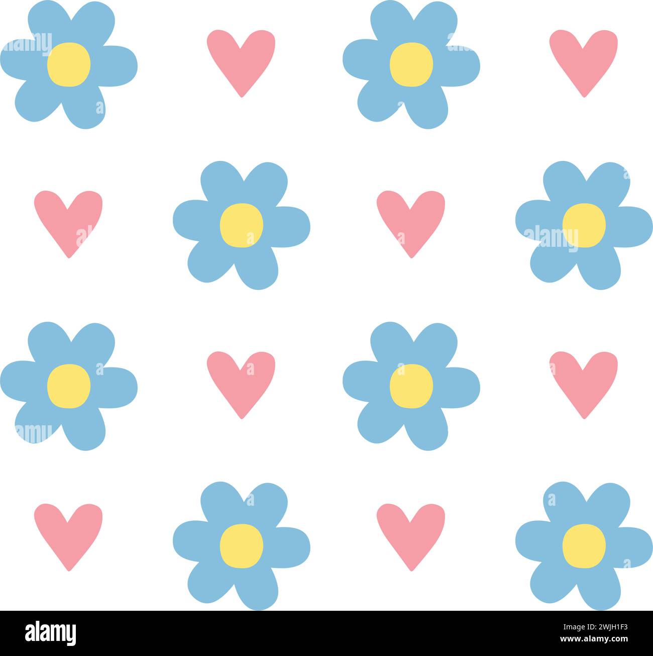 Vector seamless pattern of flat hand drawn flowers and hearts isolated ...