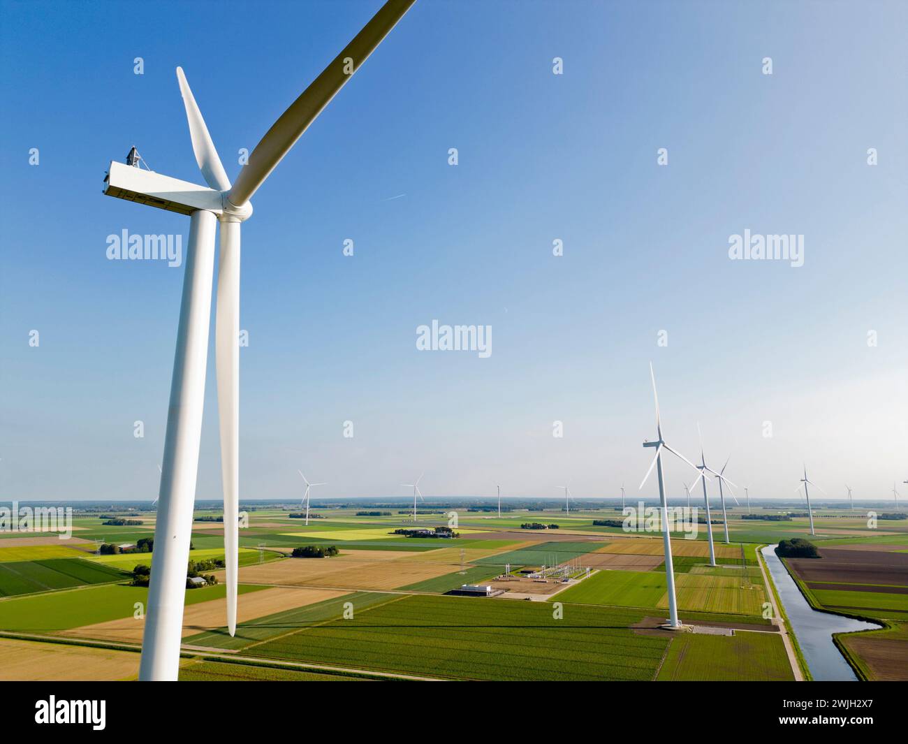 Aerial view of a windturbine in a windpark, Flevoland, Holland Stock Photo