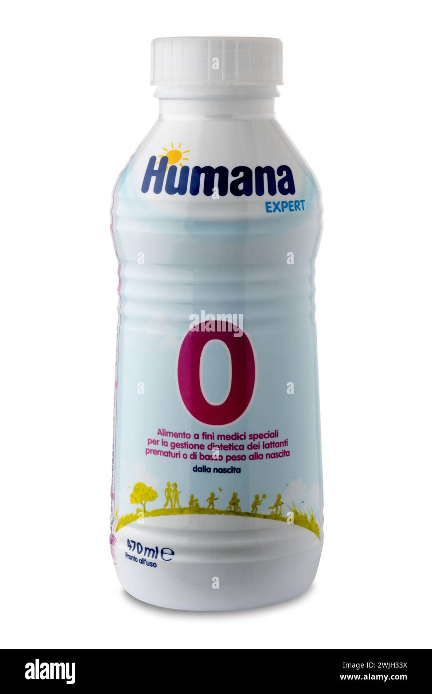 Italy - February 15, Humana Expert 0 plastic bottle that is a food for the diet of premature infants, Humana is historic German infant food factory. I Stock Photo
