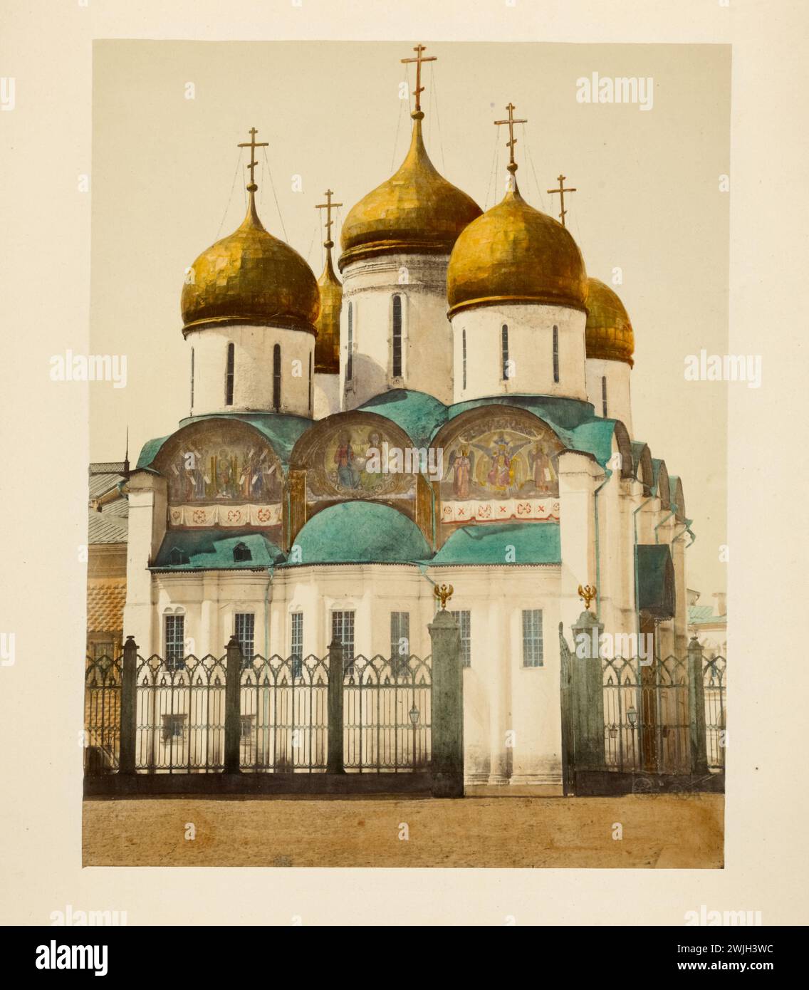 Cathedral of the Assumption  at the Kremlin Moscow, Russia. Handcolored photographs mounted on cards.  Late 19th century Stock Photo
