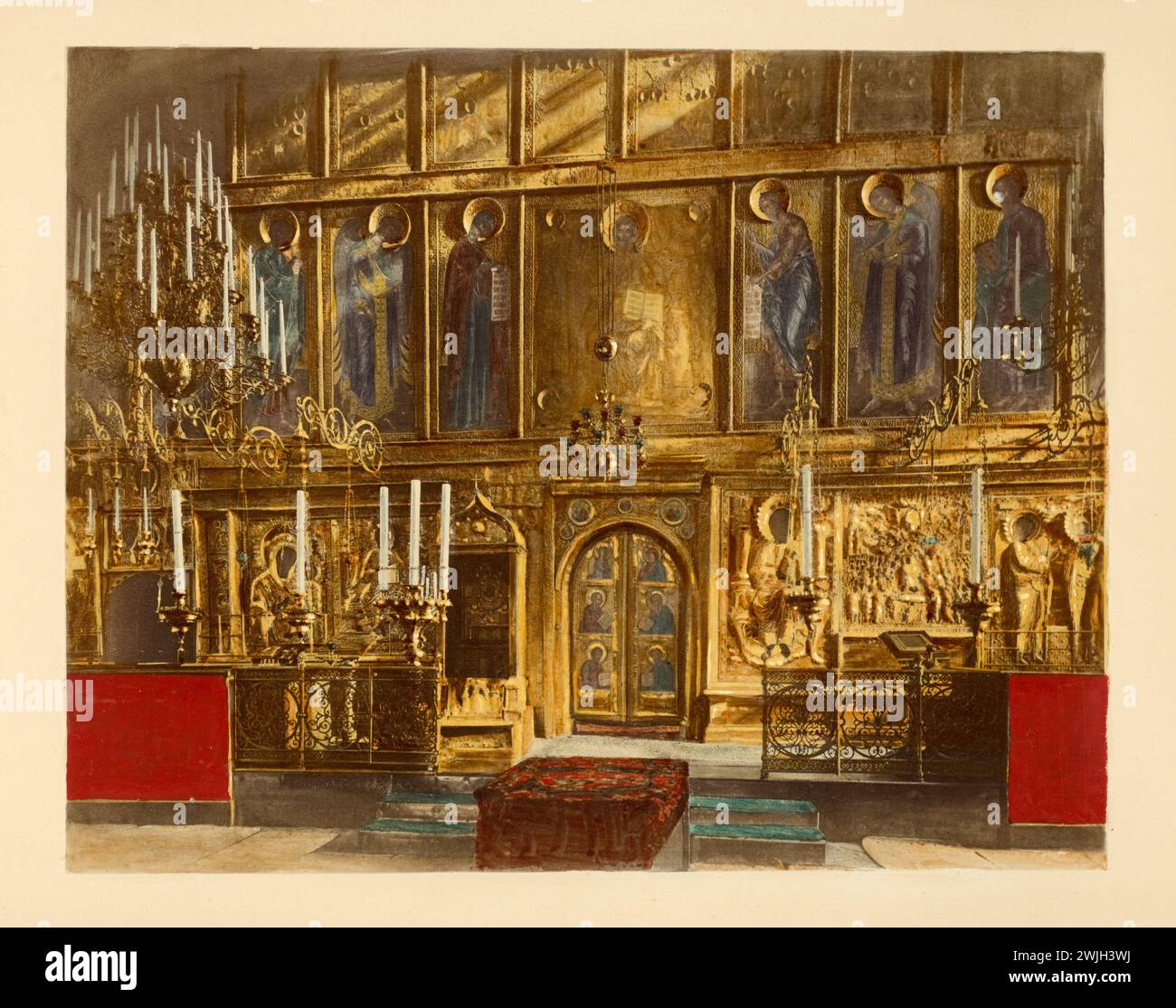Iconostasis, Assumption Cathedral.  Moscow, Russia. Handcolored photographs mounted on cards.  Late 19th century Stock Photo