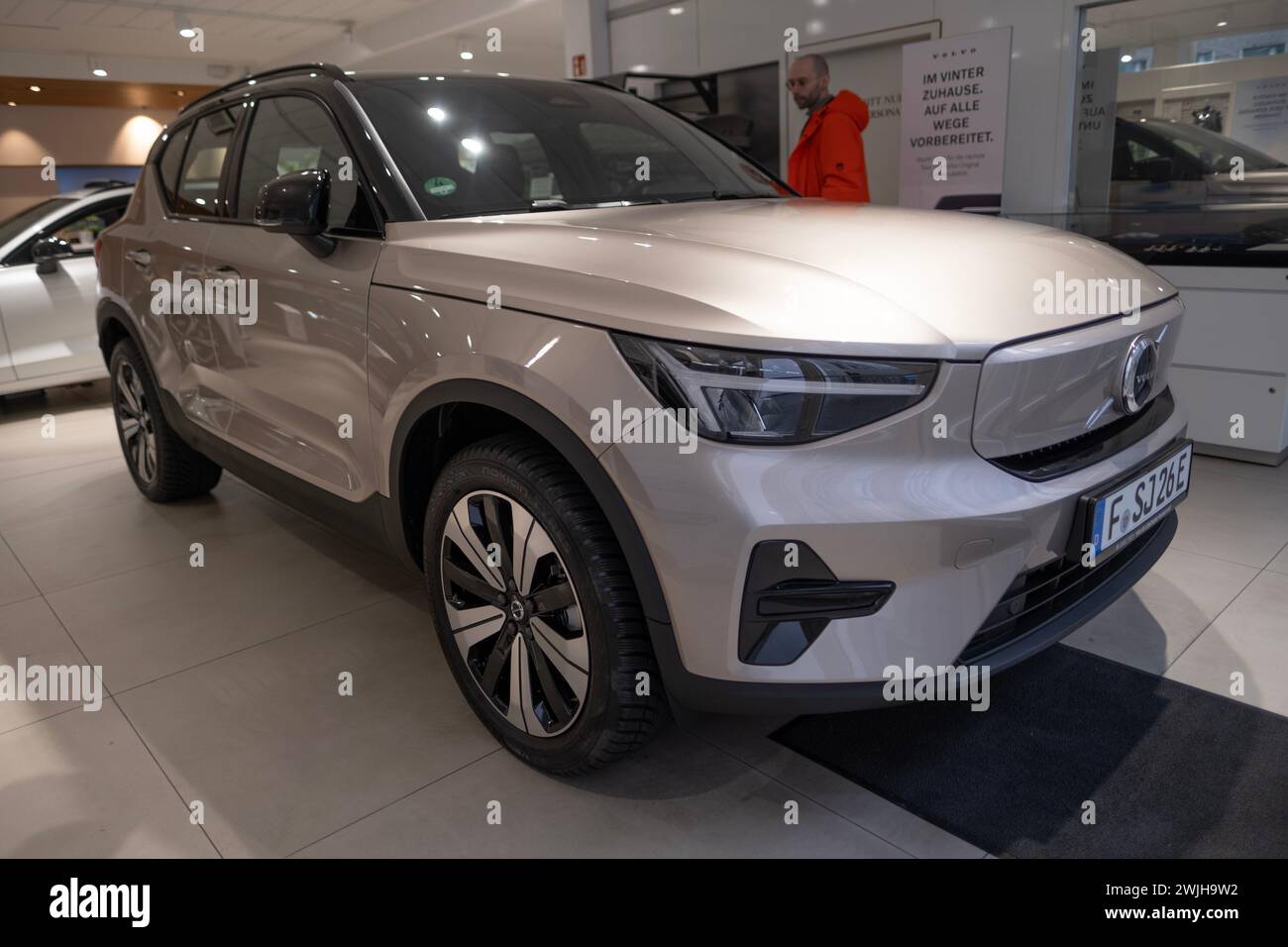 white new Volvo XC40 Recharge Electric Car, SUV crossover Swedish company Volvo Cars in showroom, EV in Europe, Innovation in automotive industry show Stock Photo