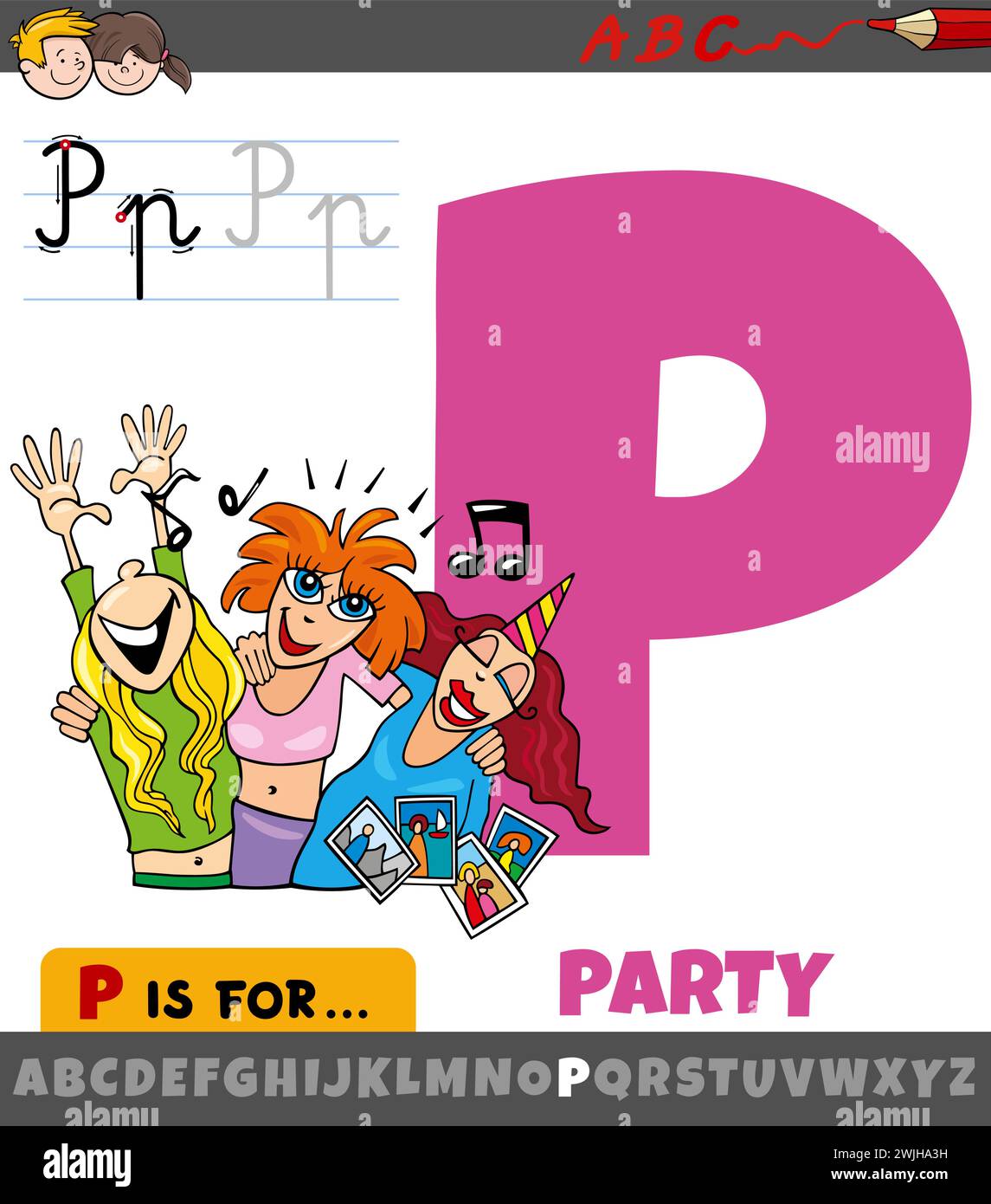 Educational cartoon illustration of letter P from alphabet with party