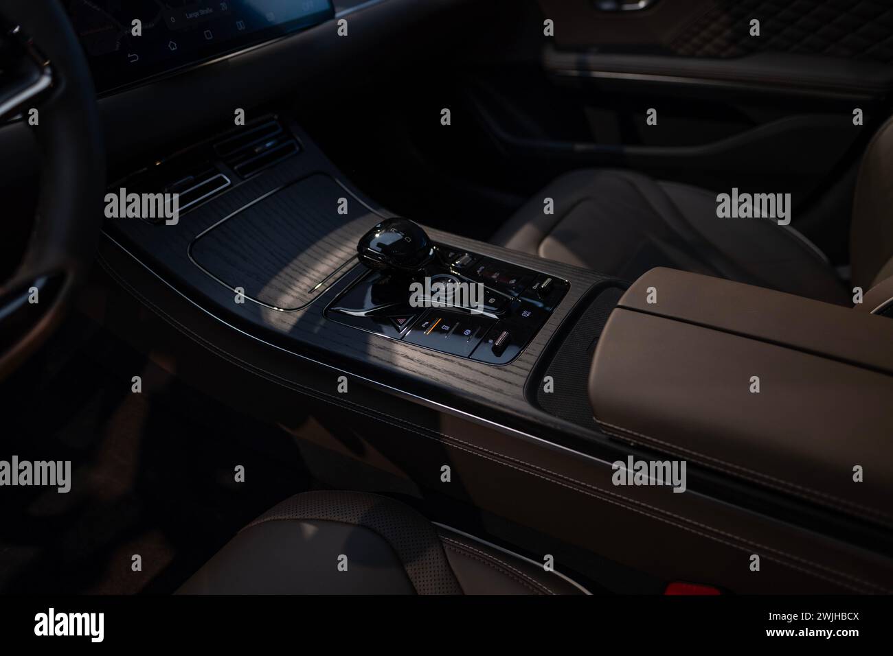instruments physical button switches, joysticks, Interior, cockpit BYD Han EV, ergonomic digital panel, Car Chinese manufacturer, Innovation automotiv Stock Photo