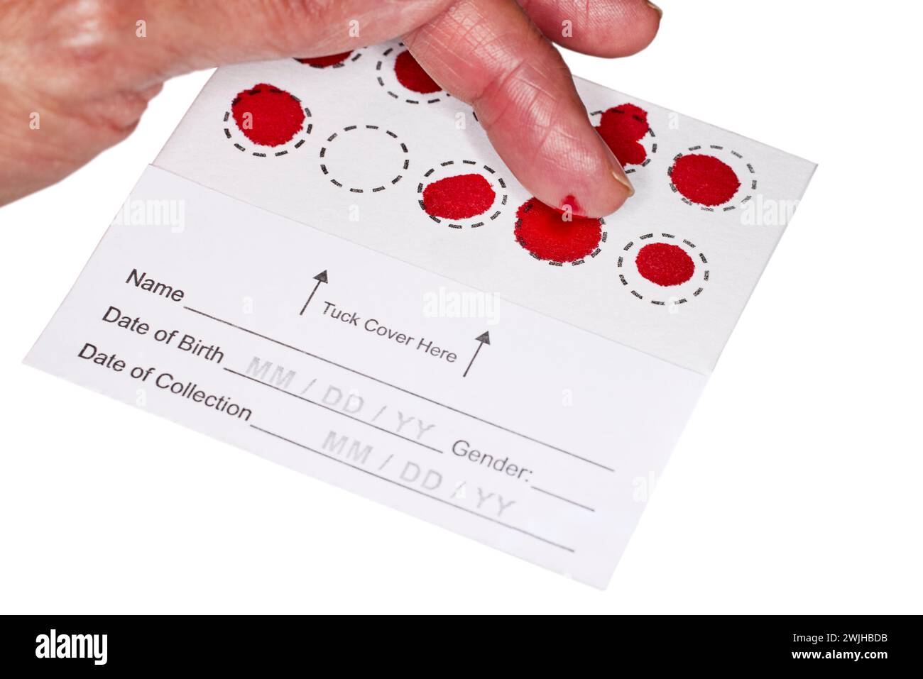 Blood Spot test card with droplets of blood for hormone testing Stock Photo