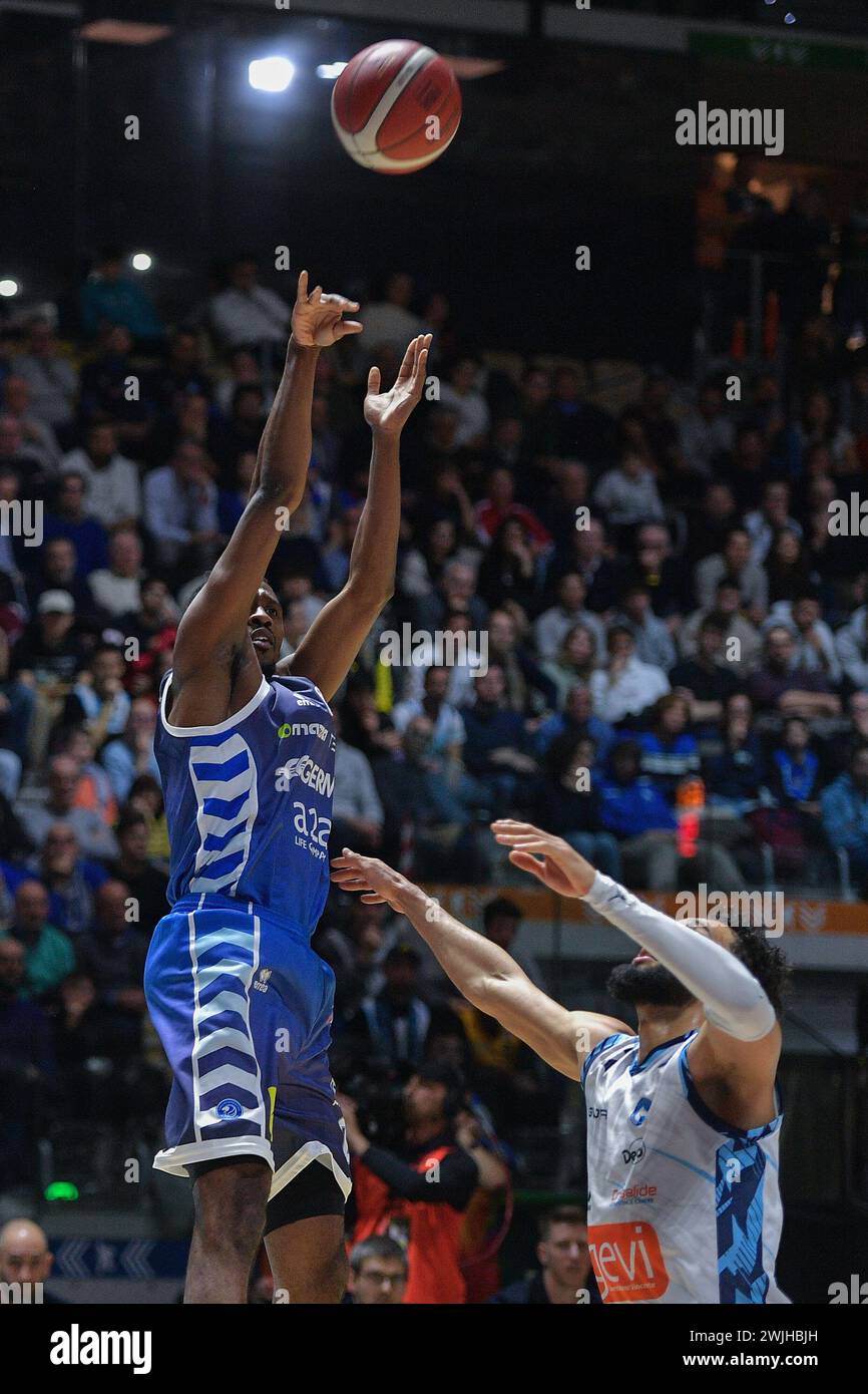 Torino, Italia. 15th Feb, 2024. Germani Brescia Miro Bilan jump to make a basket during the Frecciarossa Final Eight Basket quarterfinals match between Germani Brescia Vs Generazione Vincente Napoli Basket in Turin northern Italy - Thursday, FEBRUARY 15, 2024. Sport - Basket (Photo by Marco Alpozzi/Lapresse) - Generazione Vincente Napoli Basket Credit: LaPresse/Alamy Live News Stock Photo