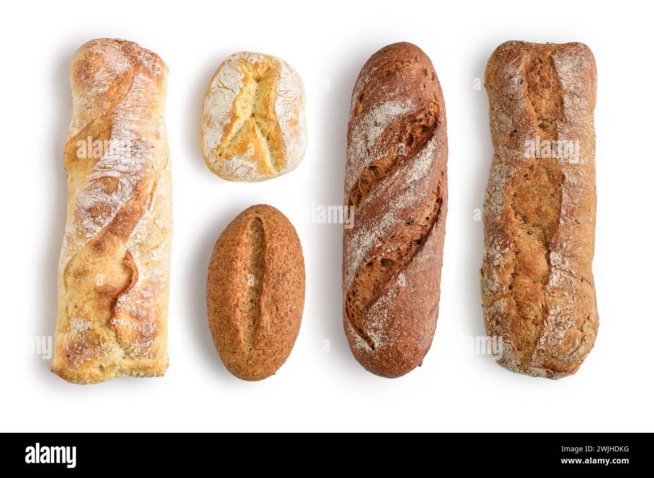 Assorted bakery products including loafs of bread,  baguette and rolls  isolated on white, top view Stock Photo