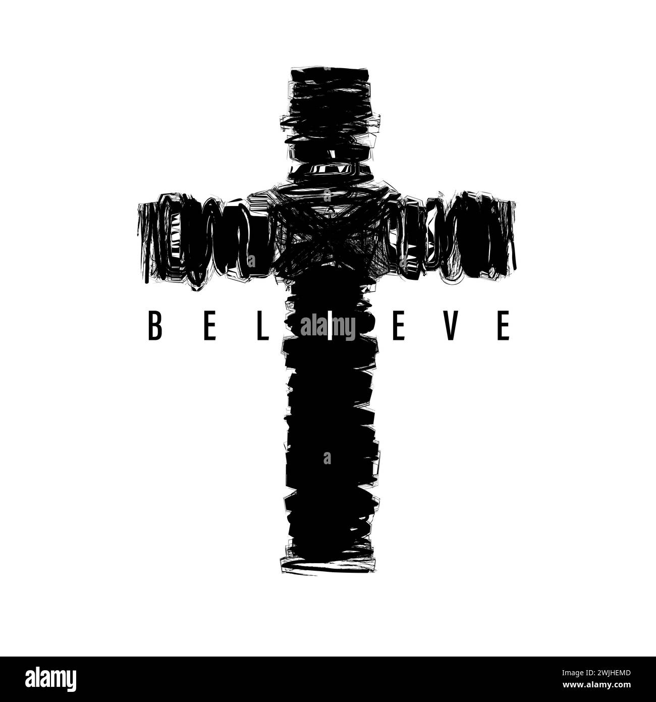Believe - cross in grunge style, t-shirt design. Religious typography concept for Easter Sunday posters or apparel print design. Vector illustration Stock Vector