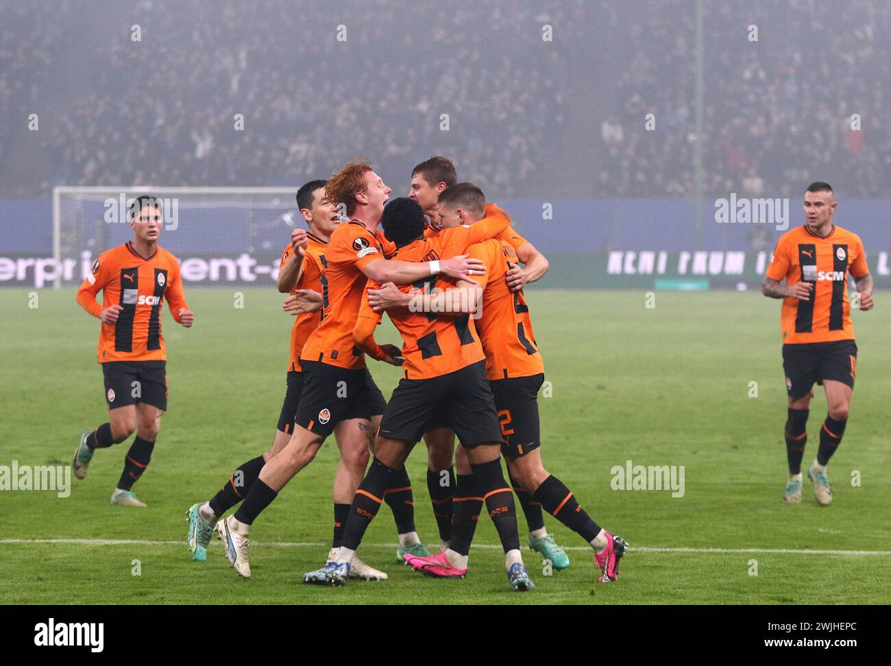 Hamburg, Germany - February 15, 2024: Shakhtar Donetsk players celebrate after scored a goal during the UEFA Europa League game against Marseille at Volksparkstadion in Hamburg, Germany Stock Photo