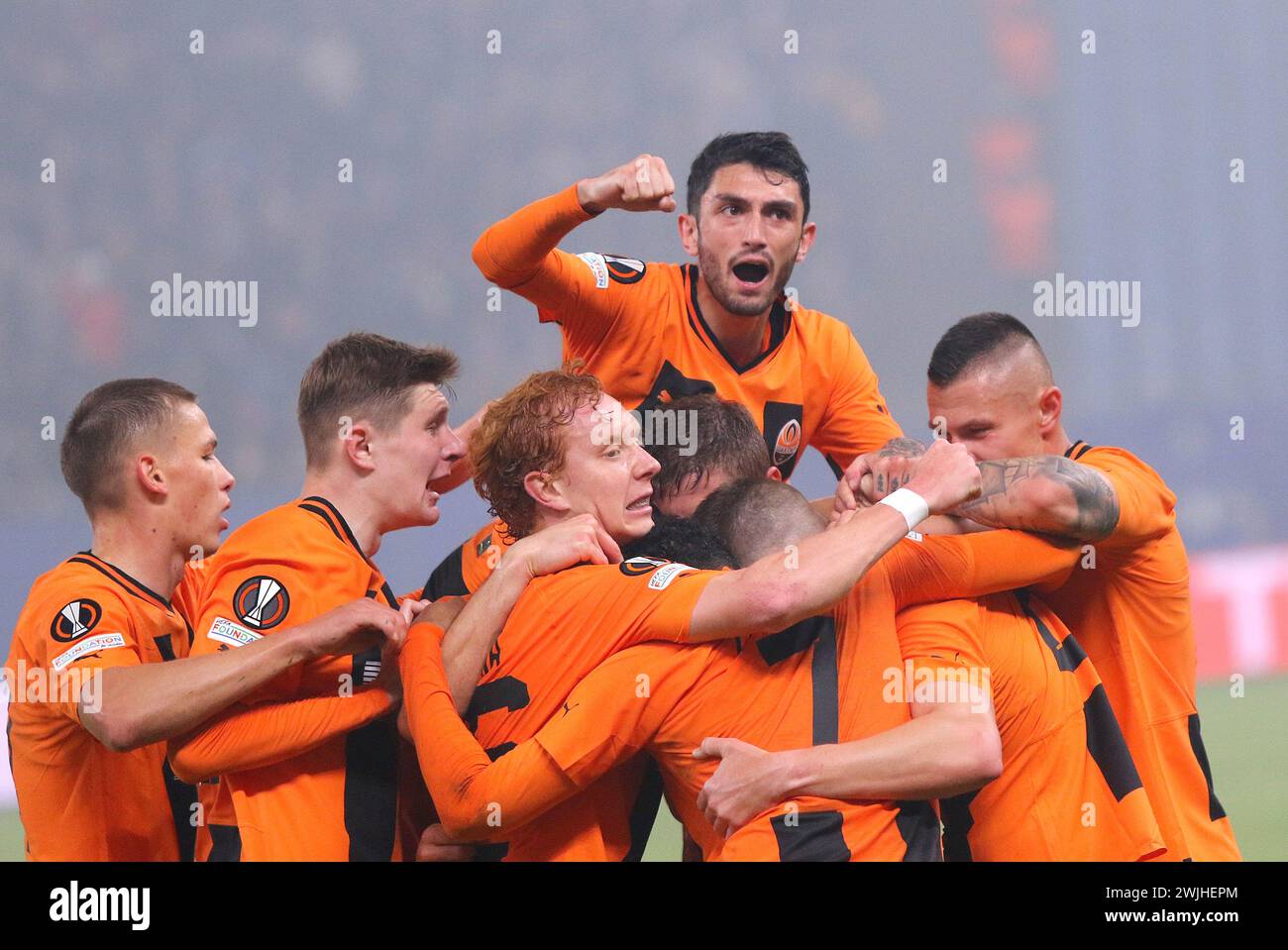 Hamburg, Germany - February 15, 2024: Shakhtar Donetsk players celebrate after scored a goal during the UEFA Europa League game against Marseille at Volksparkstadion in Hamburg, Germany Stock Photo