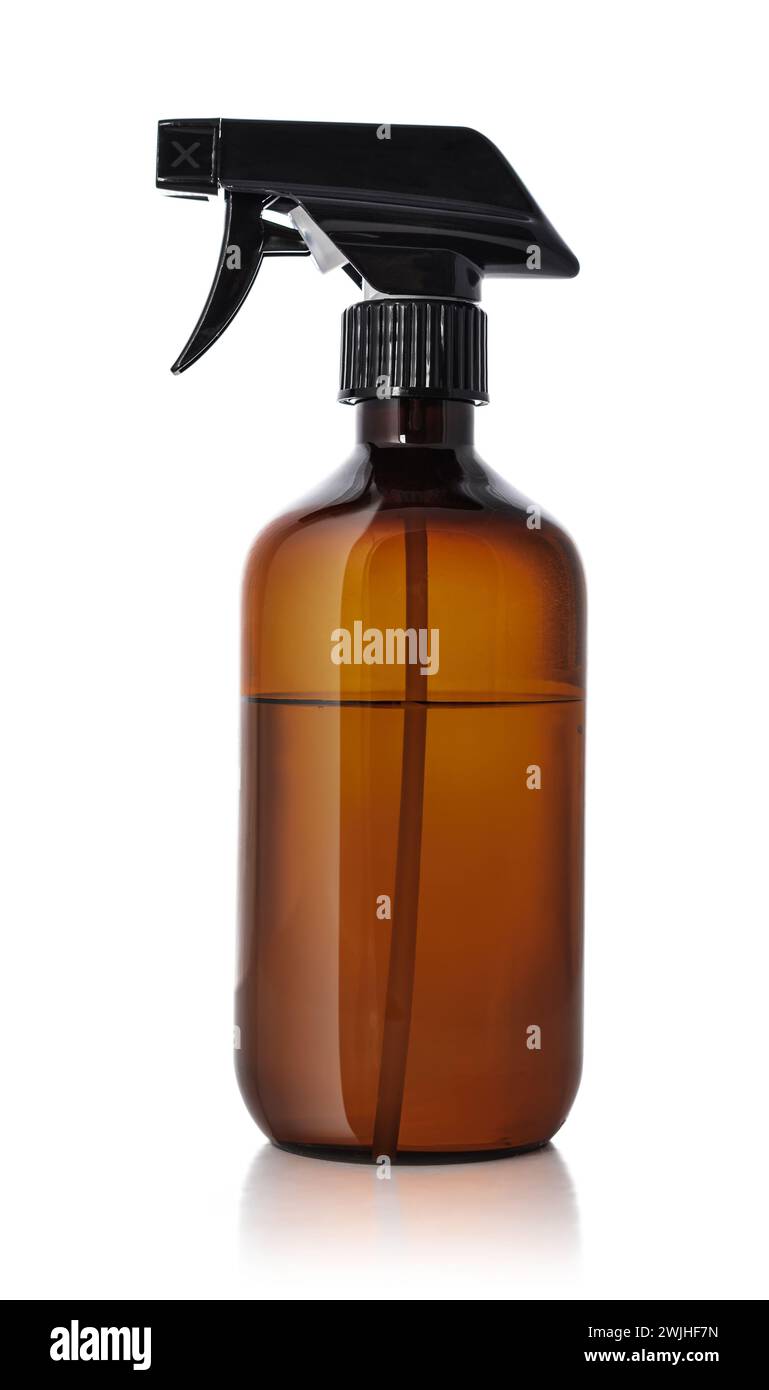 Amber brown blank plastic trigger sprayer detergent bottle isolated on white background. Stock Photo