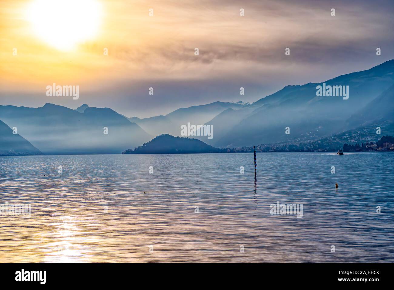 Sunset on Lake Como from Bellagio lakeside Stock Photo