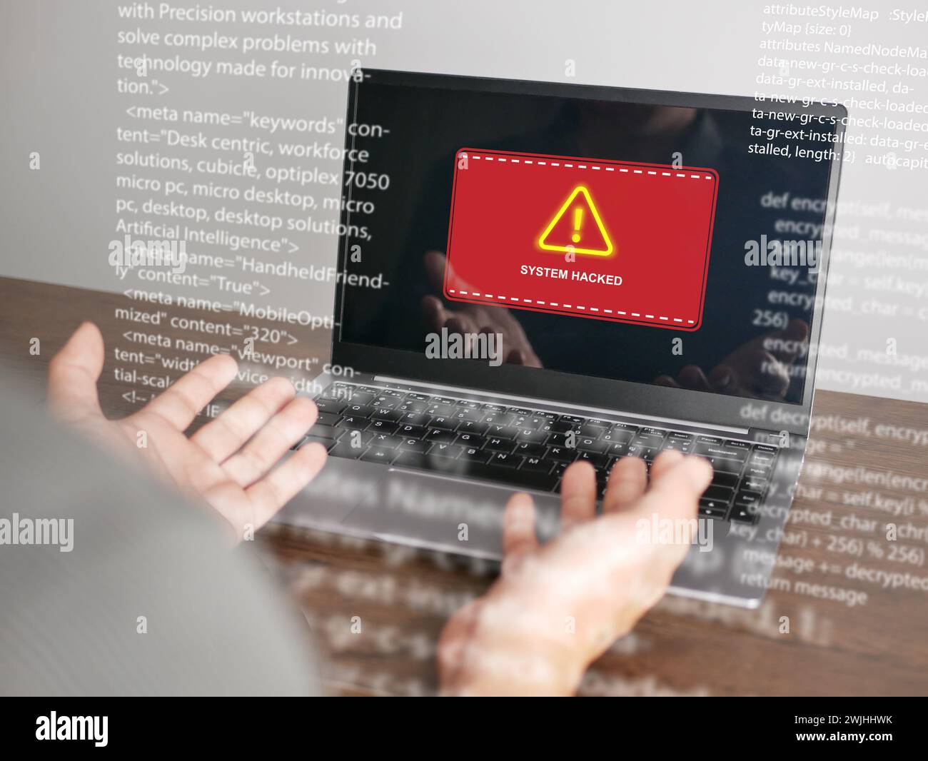 Cyber security concept. System hacked warning alerts on a computer notebook screen. Cybercrime, virus, online hacking, cyber attack, malicious malware Stock Photo