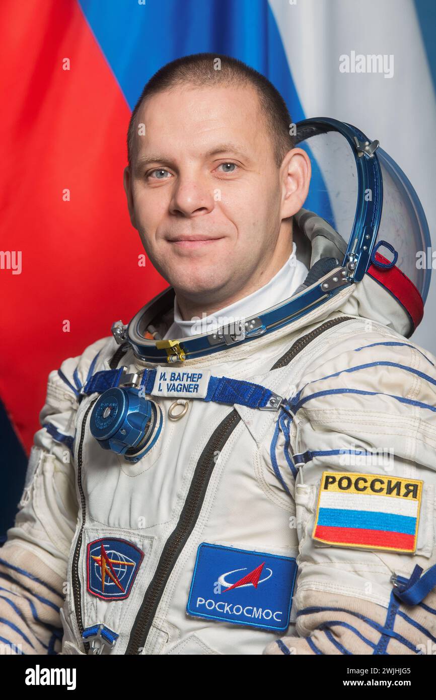 Soyuz MS-25 Backup Crew Sokol Suit Portrait - Ivan Vagner.  Photographer:  Andrey Shelepin Stock Photo