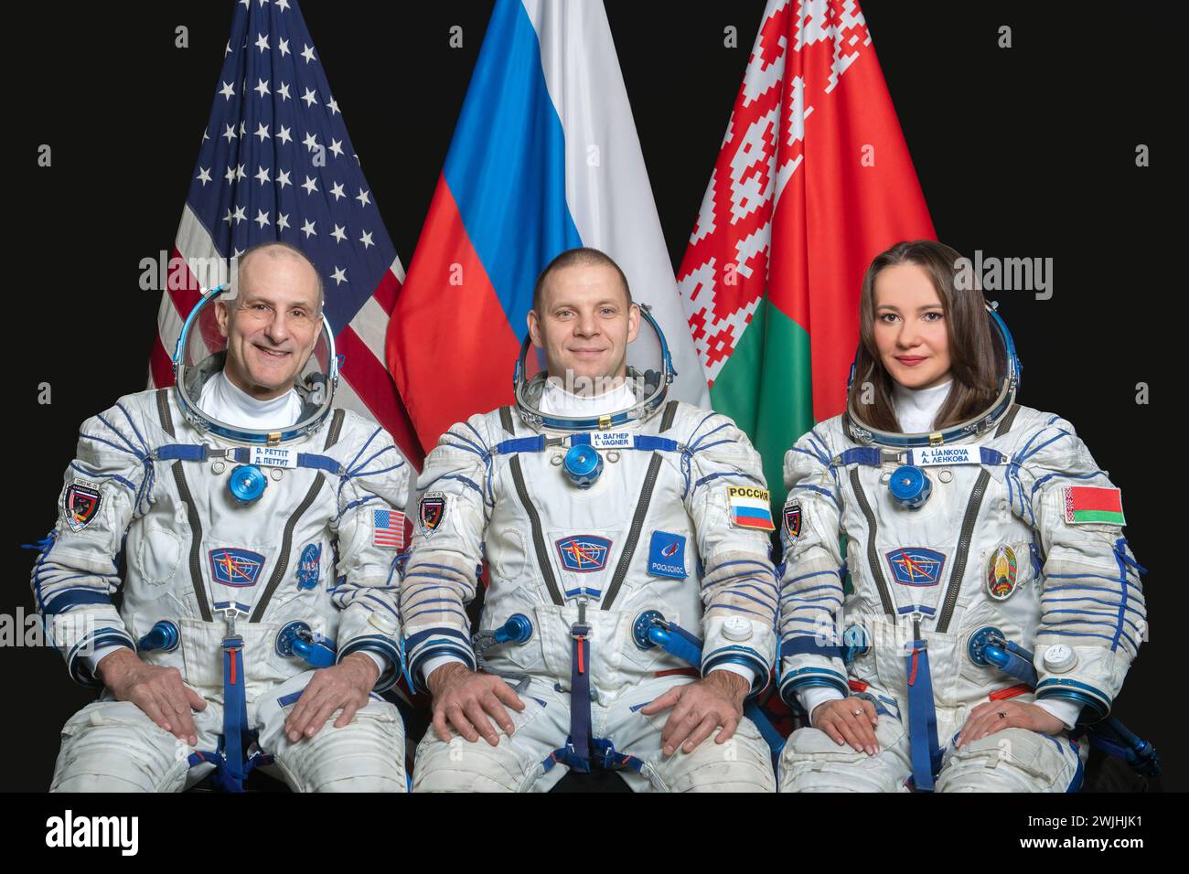 Soyuz MS-25 Backup Crew GCTC Portrait - Don Pettit, Ivan Vagner and Anastasia Lenkova. Photographer: Andrey Shelepin Stock Photo