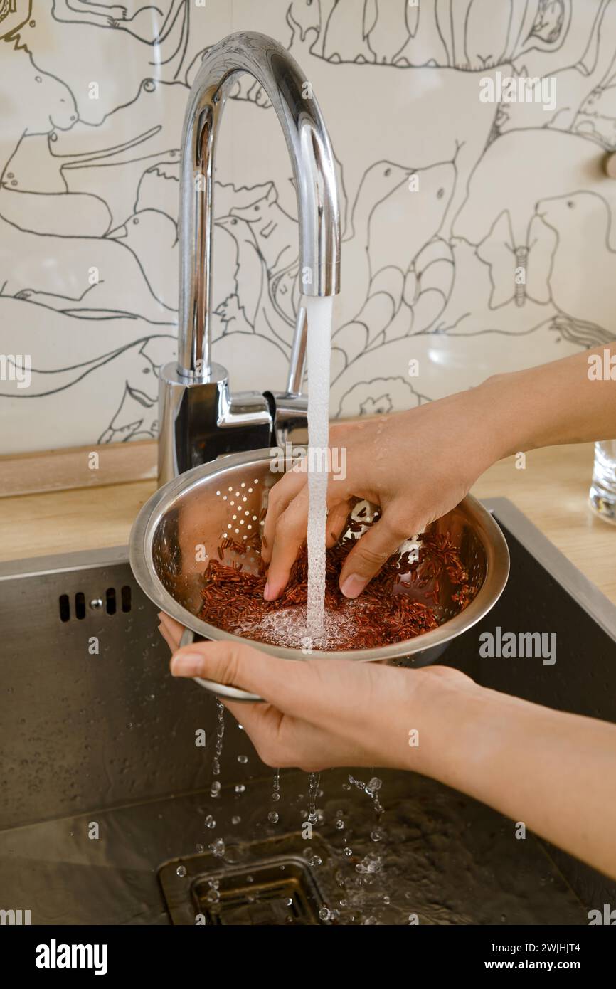Closeup view of female hands rinsing pink rice under the water from tap Stock Photo