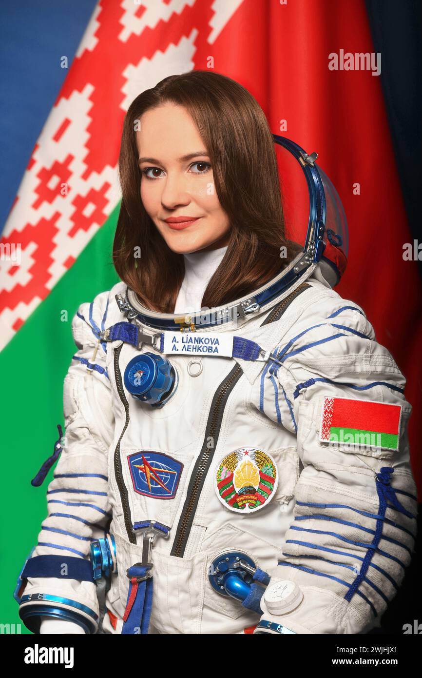 Soyuz MS-25 Backup Crew Sokol Suit Portrait - Anastasia Lenkova. Photographer: Andrey Shelepin Stock Photo