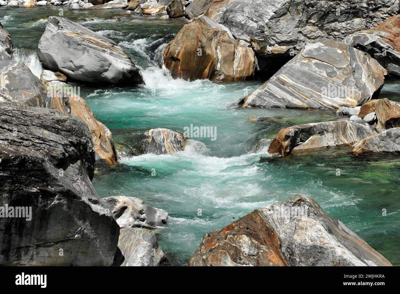 Vermica Rocks Verzasca mountain river, light-coloured orthogneiss, metamorphic rock ...