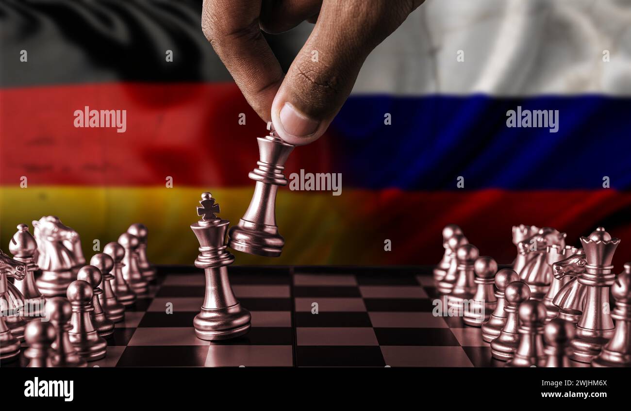 Political tension between Russia and Germany. Russia vs Germany flag on chessboard Stock Photo