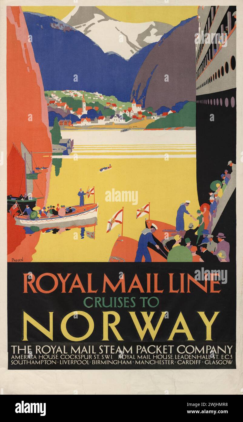 Vintage travel poster. Royal Mail Line Cuises to Noway poster. From UK to Norway, image showing fjords and mountains as well as cruiship boarding.  1920s Stock Photo