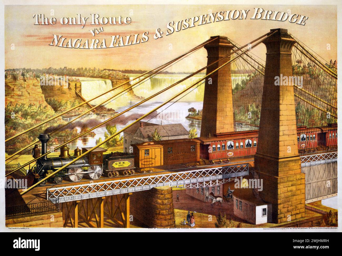 Vintage AMerican Train travel poster.  GWR steam train crossing the Suspension Bridge over Niagara Fall. c1930s Stock Photo