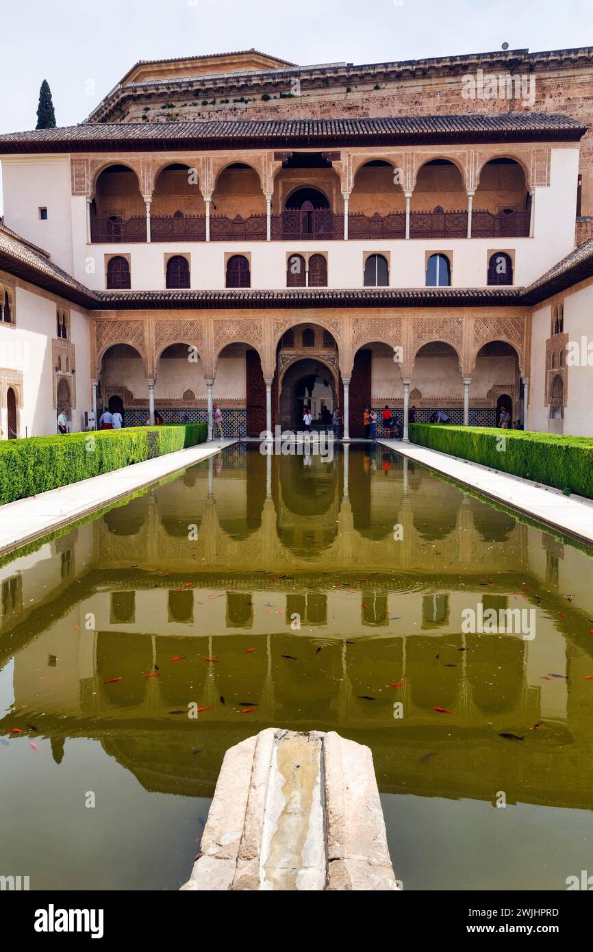 Myrtle courtyard with water basin, arabesque Moorish architecture, Patio de los Arrayanes, Comares Palace, Nasrid Palaces, Alhambra, Granada Stock Photo