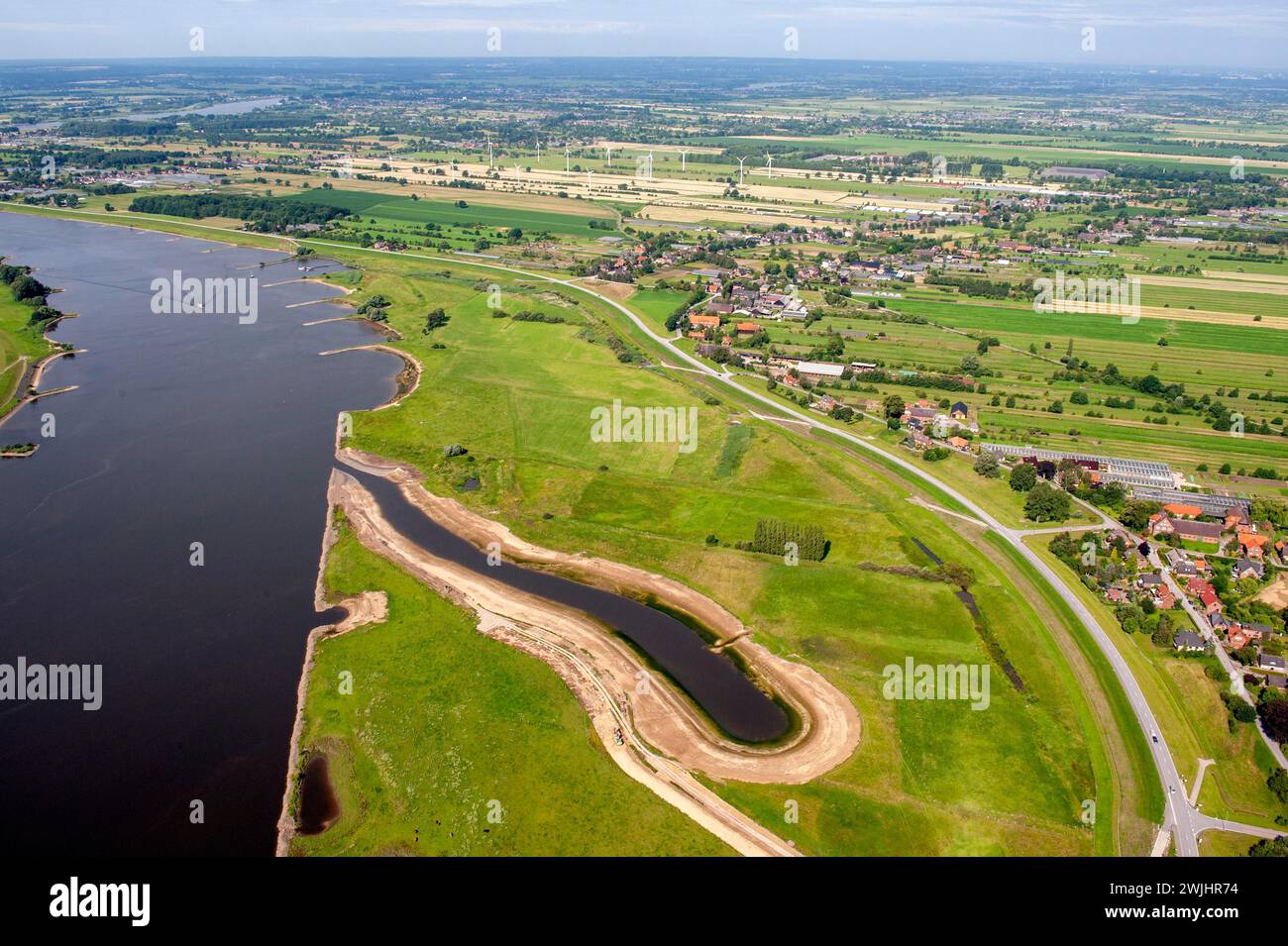 Aerial photo, floodplain, dike, dike foreland, mudflats, Elbe, restoration, water, Altengamme, Bergedorf, Hamburg, Germany Stock Photo