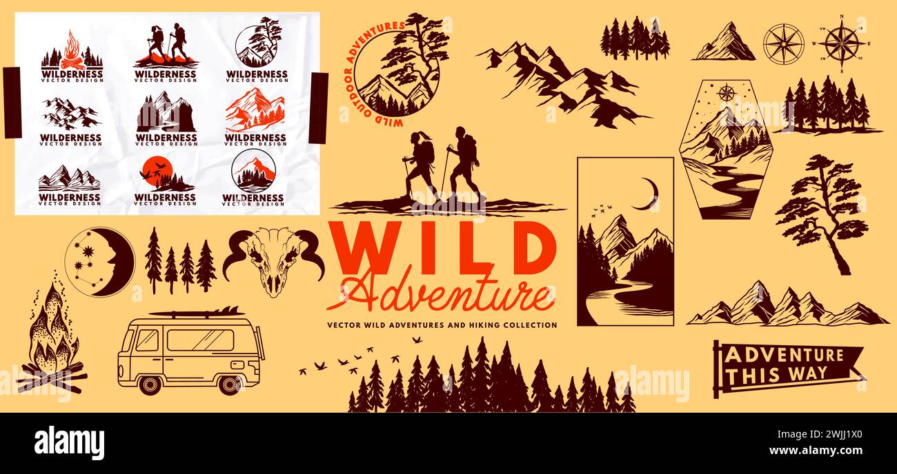 Wild outdoor adventures and hiking vector collection with mountains and people hiking. Vector illustration. Stock Vector