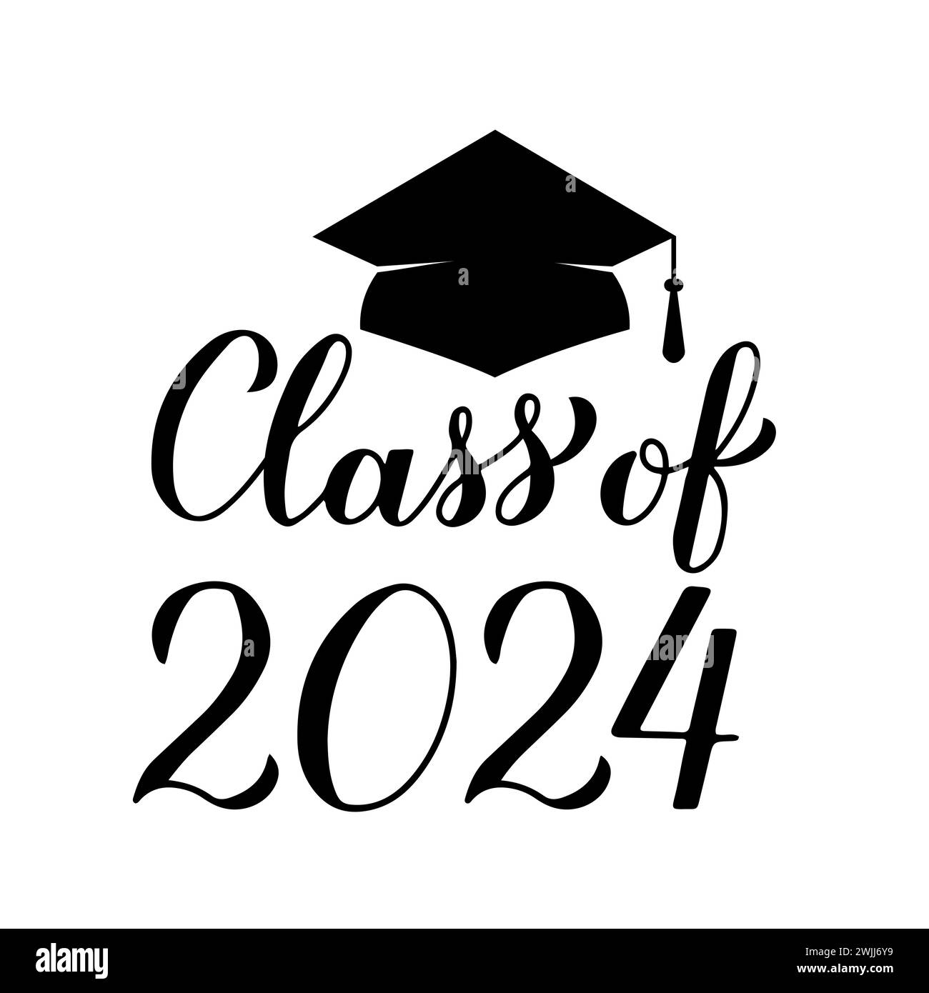Class of 2024 lettering with graduation cap isolated on white