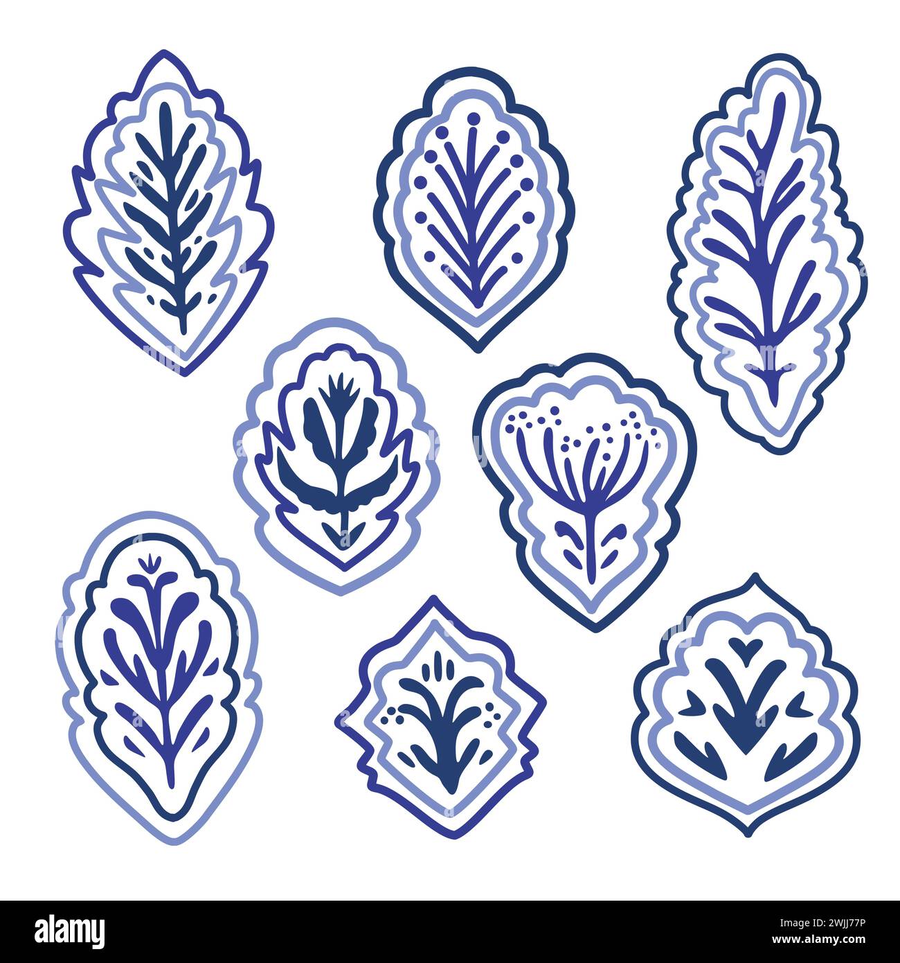 Blue and white abstract ornamental design elements. Vector hand-drawn illustration Stock Vector