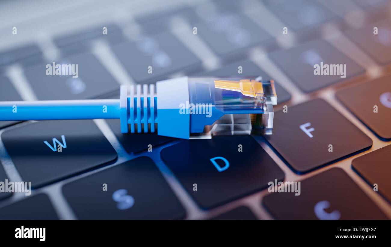 Internet LAN cable on laptop keyboard. 3d rendering Stock Photo