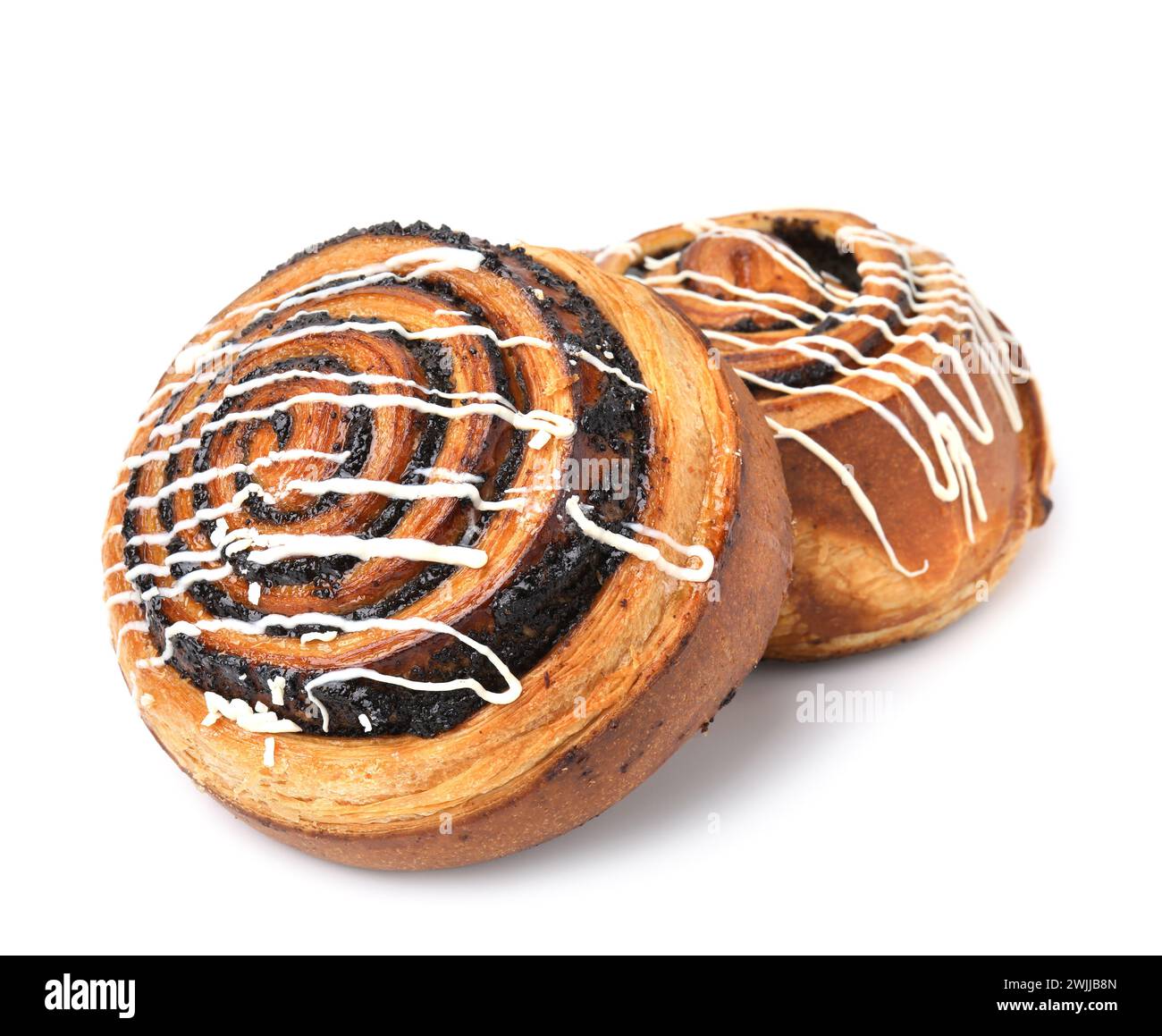 Delicious rolls with topping and poppy seeds isolated on white. Sweet ...