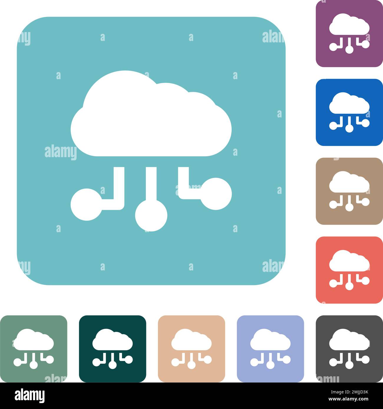 Cloud connections solid white flat icons on color rounded square backgrounds Stock Vector