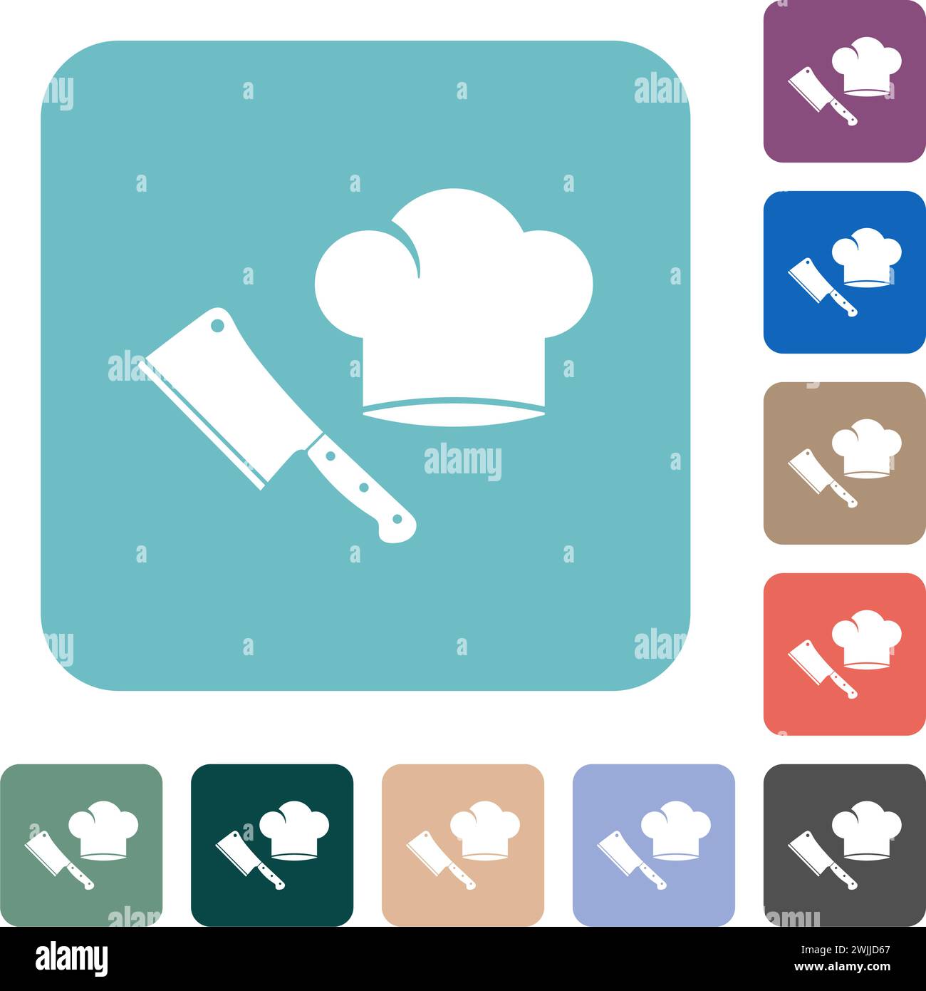 Meat cleaver knife and chef hat white flat icons on color rounded ...