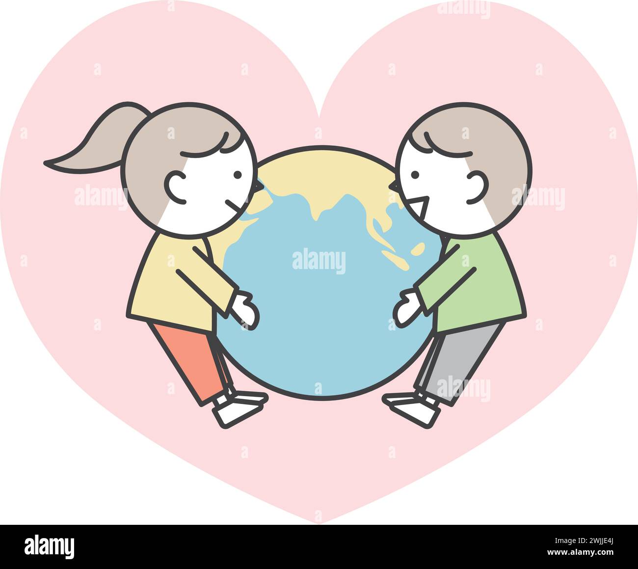 Boys and girls who love the earth. Image of global environmental protection. Simple and cute illustrations for children. Stock Vector