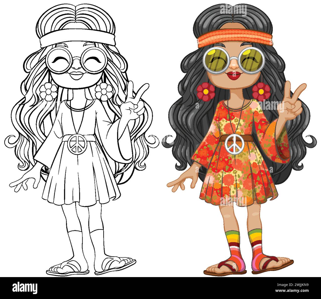 Colorful and black-and-white 70s themed girl characters. Stock Vector