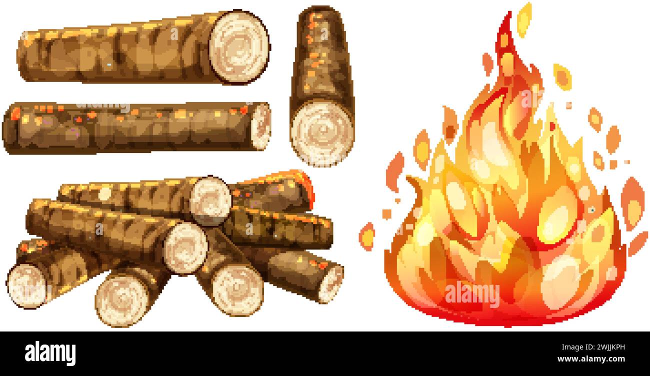 Vector illustration of fire and logs isolated. Stock Vector