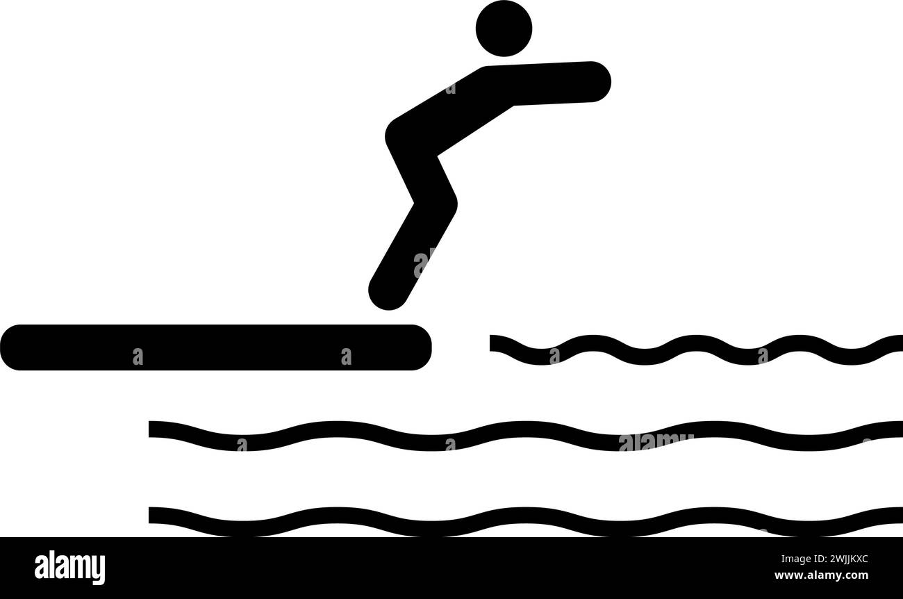 Man Dive Swim in Sea Water from High Board icon. Swimmer jumping in pool sign. A man diving into water in swimming pool symbol. flat style. Stock Photo