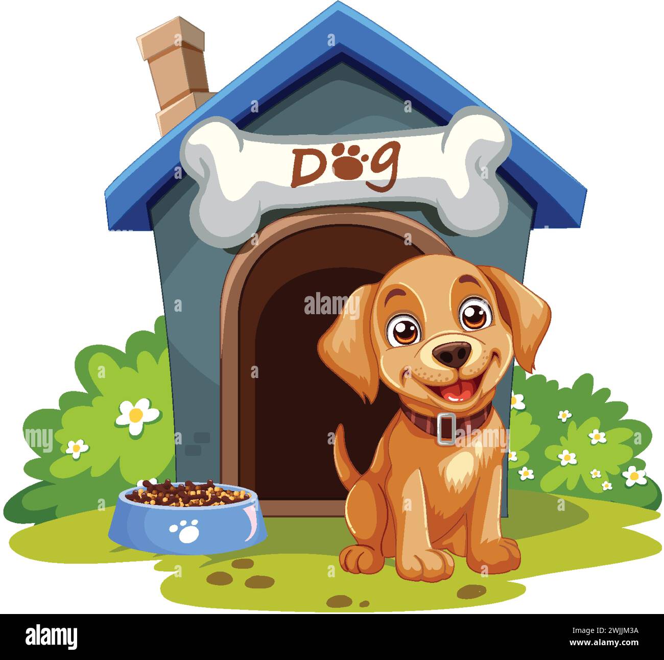 Cheerful dog sitting outside its cartoon-style house Stock Vector