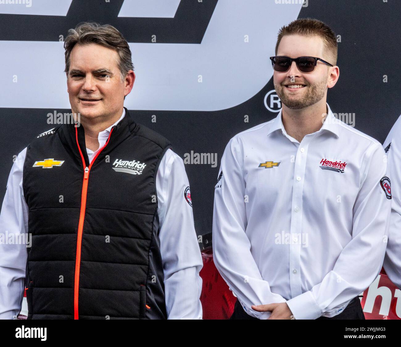 Daytona, United States. 15th Feb, 2024. Jeff Gordon (L) and William Byron (R) participate in ceremonies prior to the Blue Green Vacation Duel 1 Qualifying Race for the 66th Daytona 500, on Thursday, February 15, 2024 in Daytona, Florida. Photo by Edwin Locke/UPI Credit: UPI/Alamy Live News Stock Photo