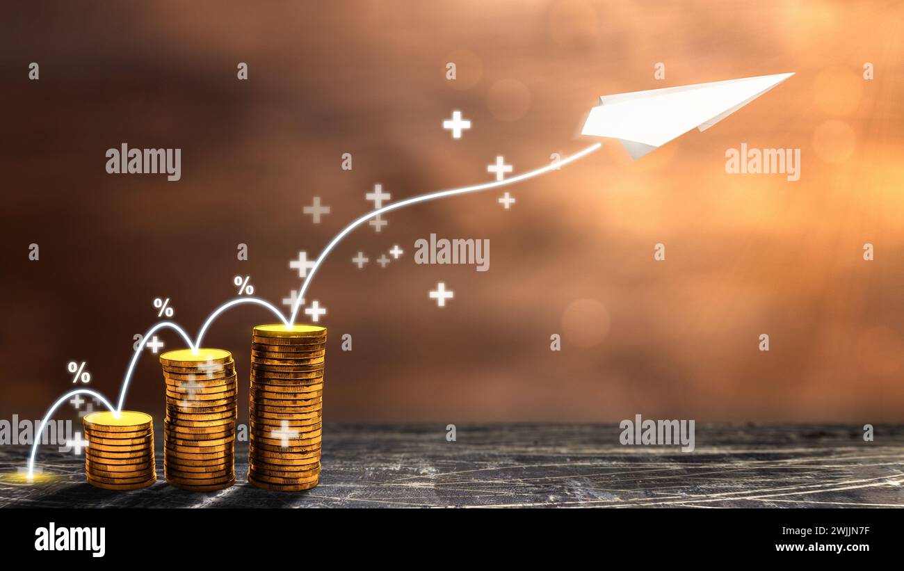 Paper Plane Coin Stair stack of golden coins with increased graph arrow on a flying ...