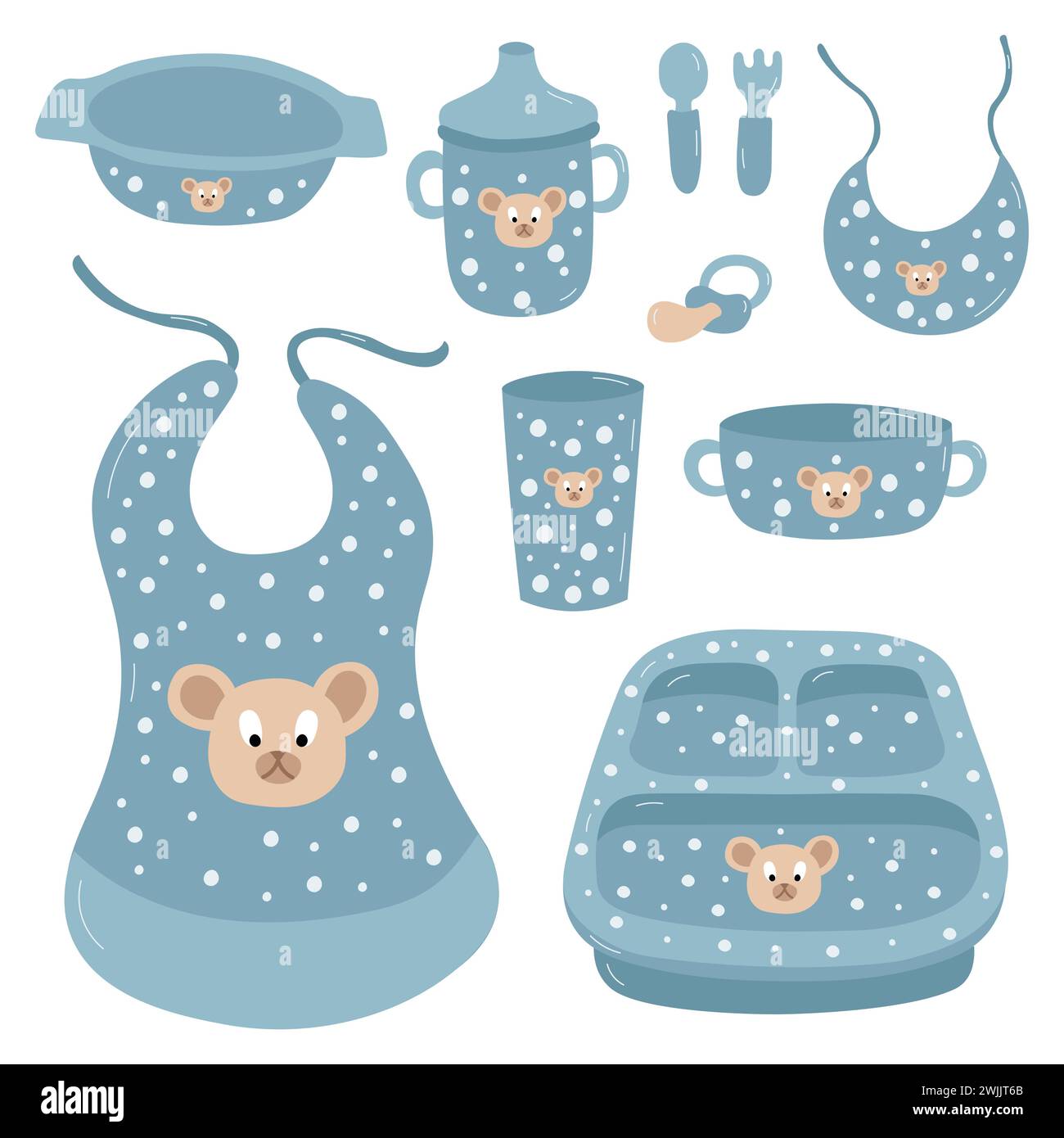 Children set of dishes. Vector set of blue polka dot color kids tools ...