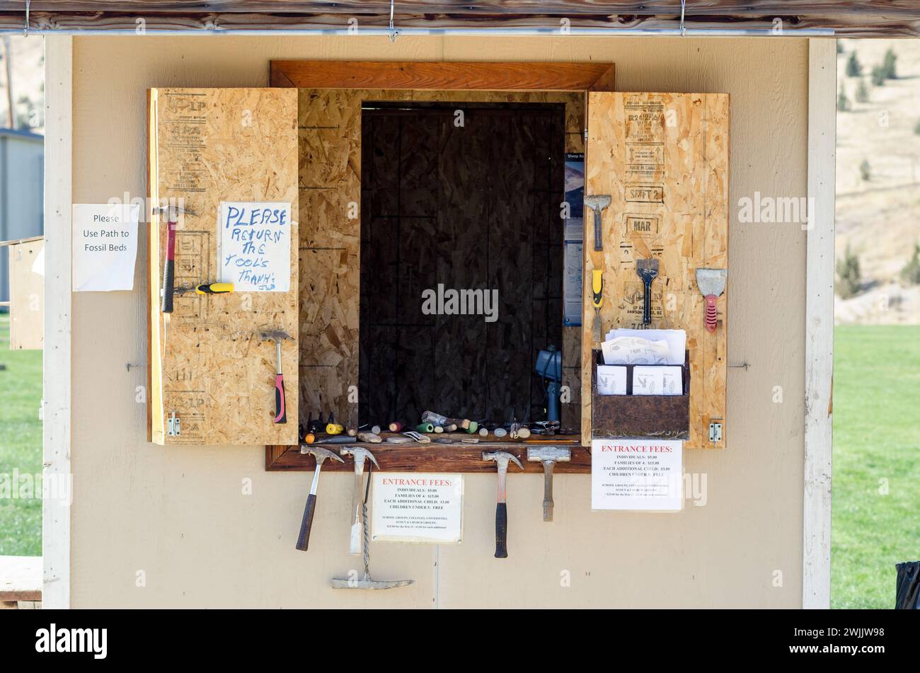 Entrance booth to fossil bed at Fossil High School in Fossil, Oregon