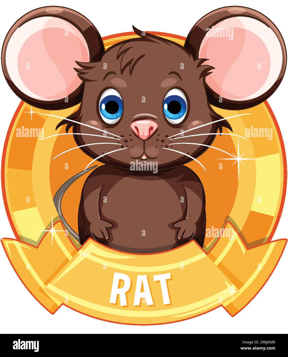 Adorable brown rat inside a shiny golden badge Stock Vector