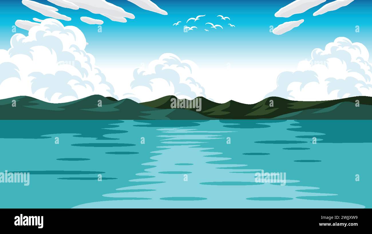 Vector illustration of a tranquil mountain lake scene Stock Vector