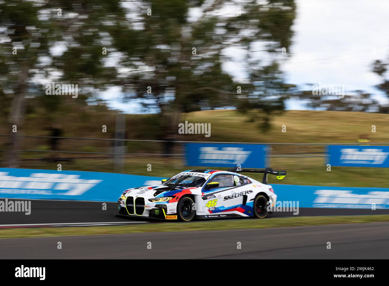 Bathurst, Australia, 16 February, 2024. Car 46 BMW M Team WRT BMW M4 GT3 V.Rossi/M.Martin/Marciello A-Pro during Friday practice at the Repco Bathurst 12 Hour at the Mount Panorama Circuit on February 16, 2024 in Bathurst, Australia. Credit: Ivica Glavas/Speed Media/Alamy Live News Stock Photo
