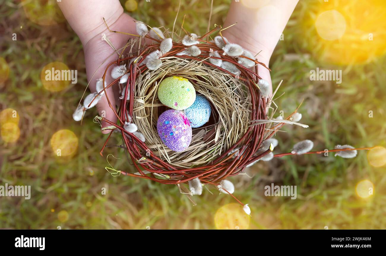 Hands holding decorated easter eggs in a small nest. Selective focus Stock Photo