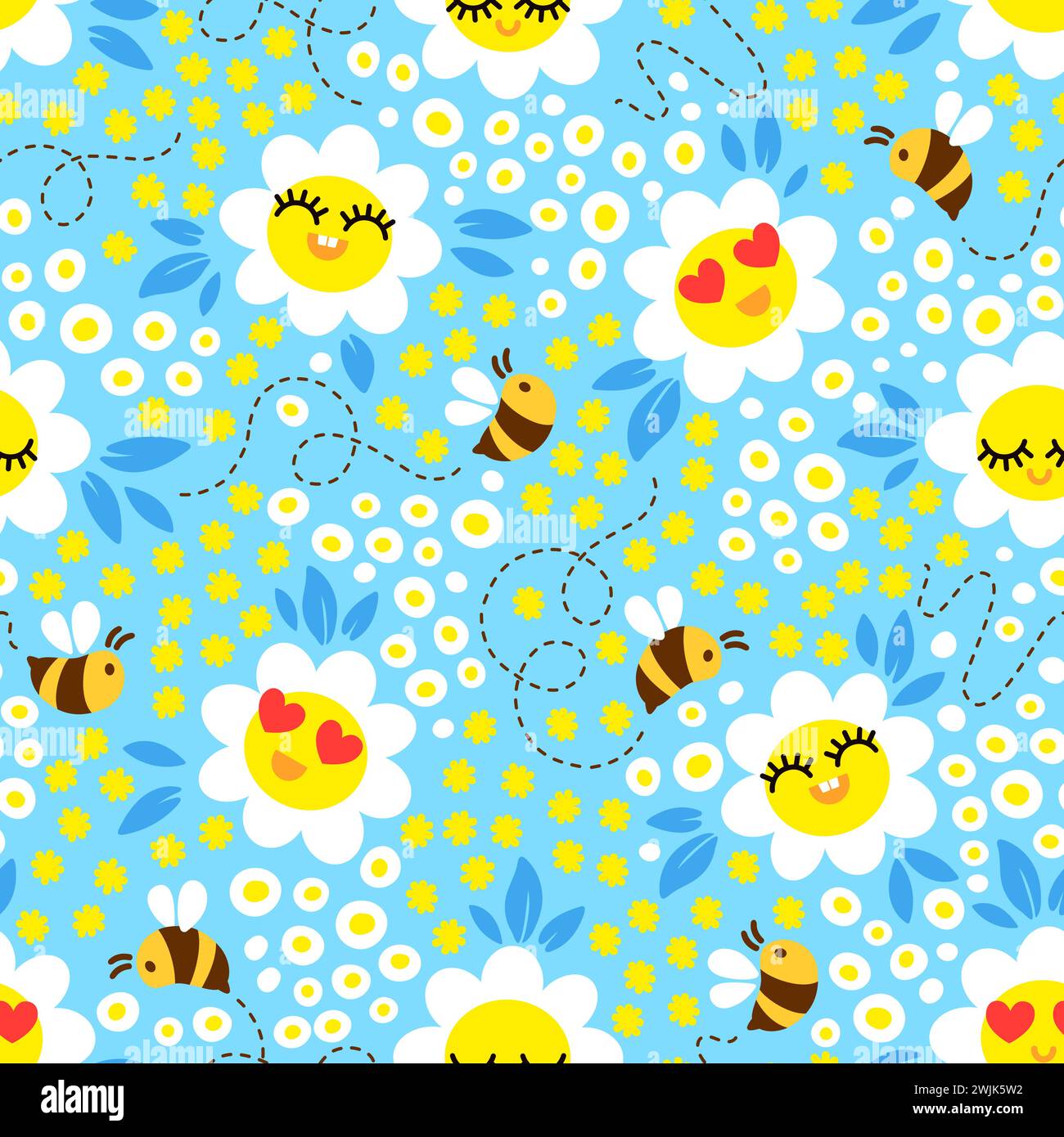 Bees on blossom meadow. Hand drown seamless vector pattern design Stock Vector