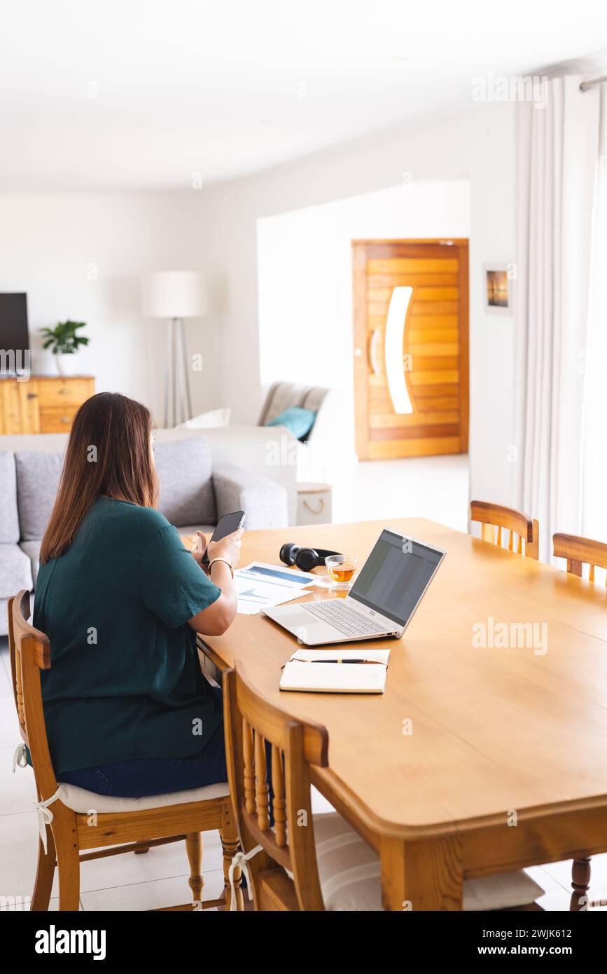 Young biracial woman working from home, with copy space Stock Photo